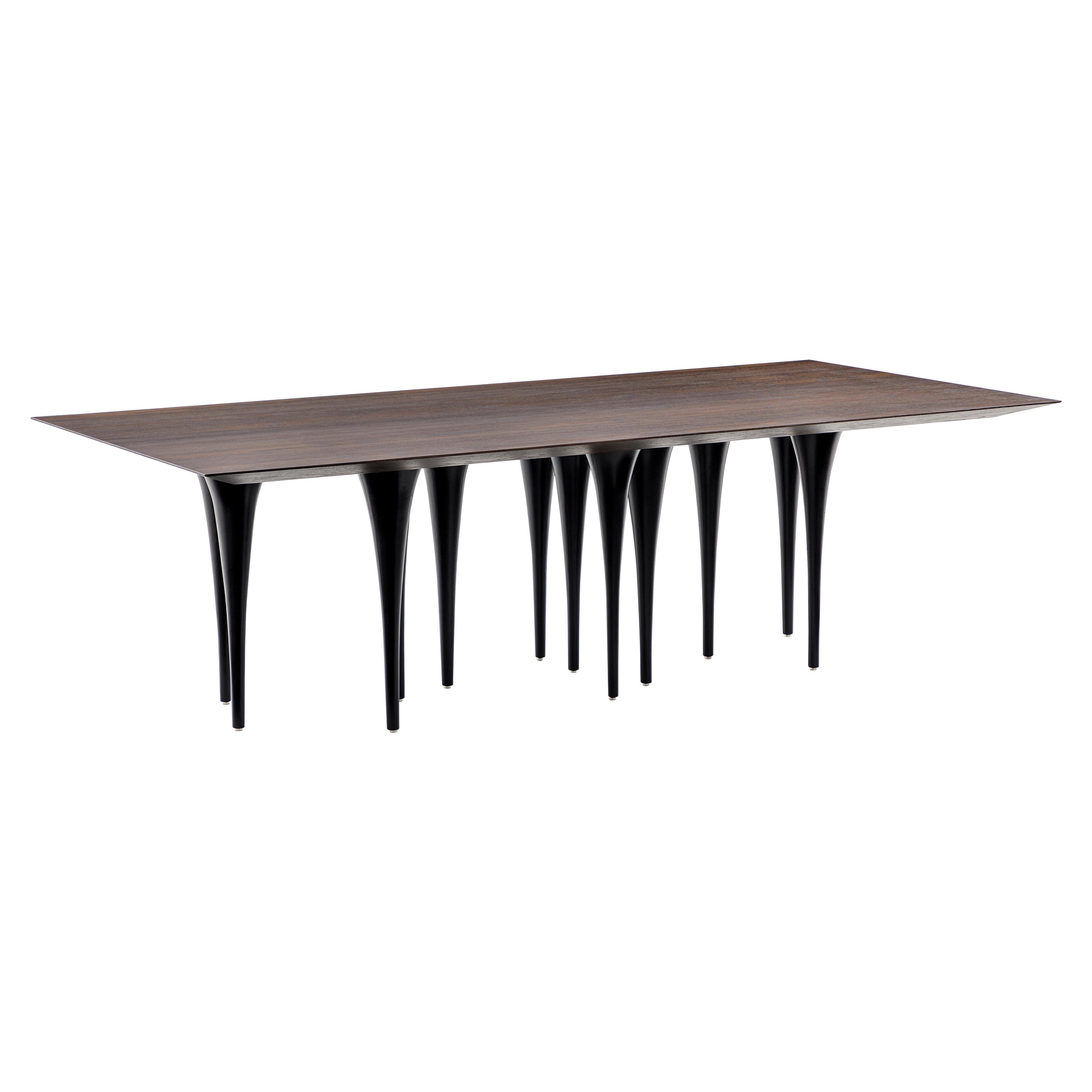 The Uultis team has created this rectangular Pin table in a black oak wood finish top with twelve black legs causing a surprising impact at first sight. It has a very singular and original structure resembling the corridors of gothic castles, but at