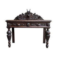 Antique English Carved Oak Hunt Console Hall Table Stag Deer Lion Sofa Table