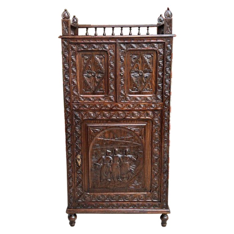 Antique French Carved Chestnut Cabinet Bonnetiere Armoire Breton Brittany For Sale
