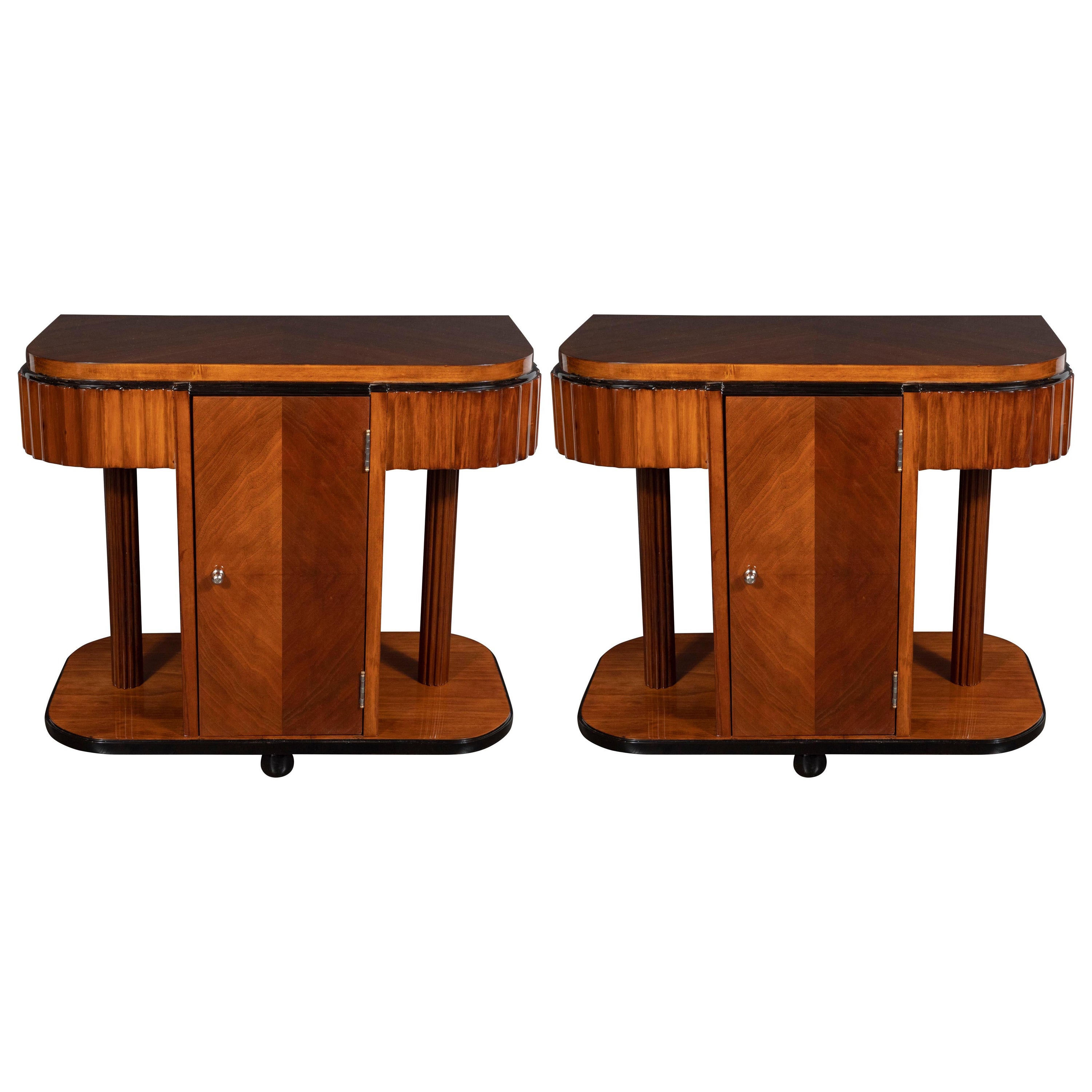 Pair of Art Deco Book-Matched Walnut and Black Lacquer Machine Age End Tables