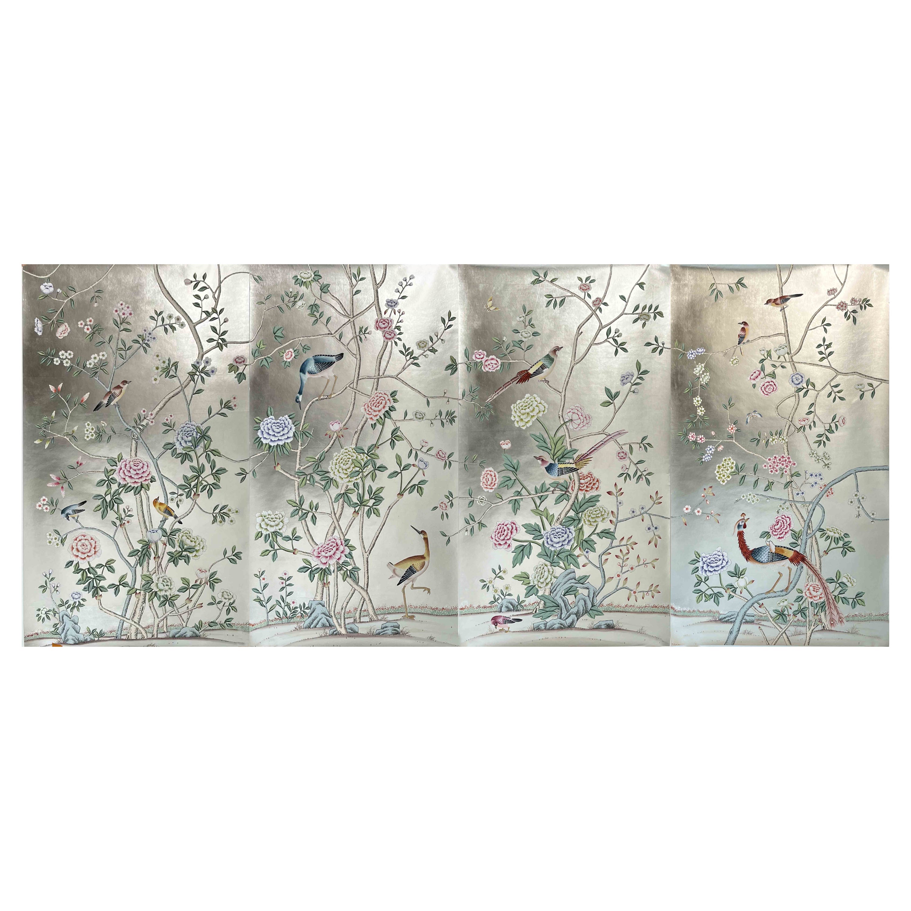 Chinoiserie Panel Hand Painted Wallpaper on Silver Metallic, Accept Custom Size For Sale