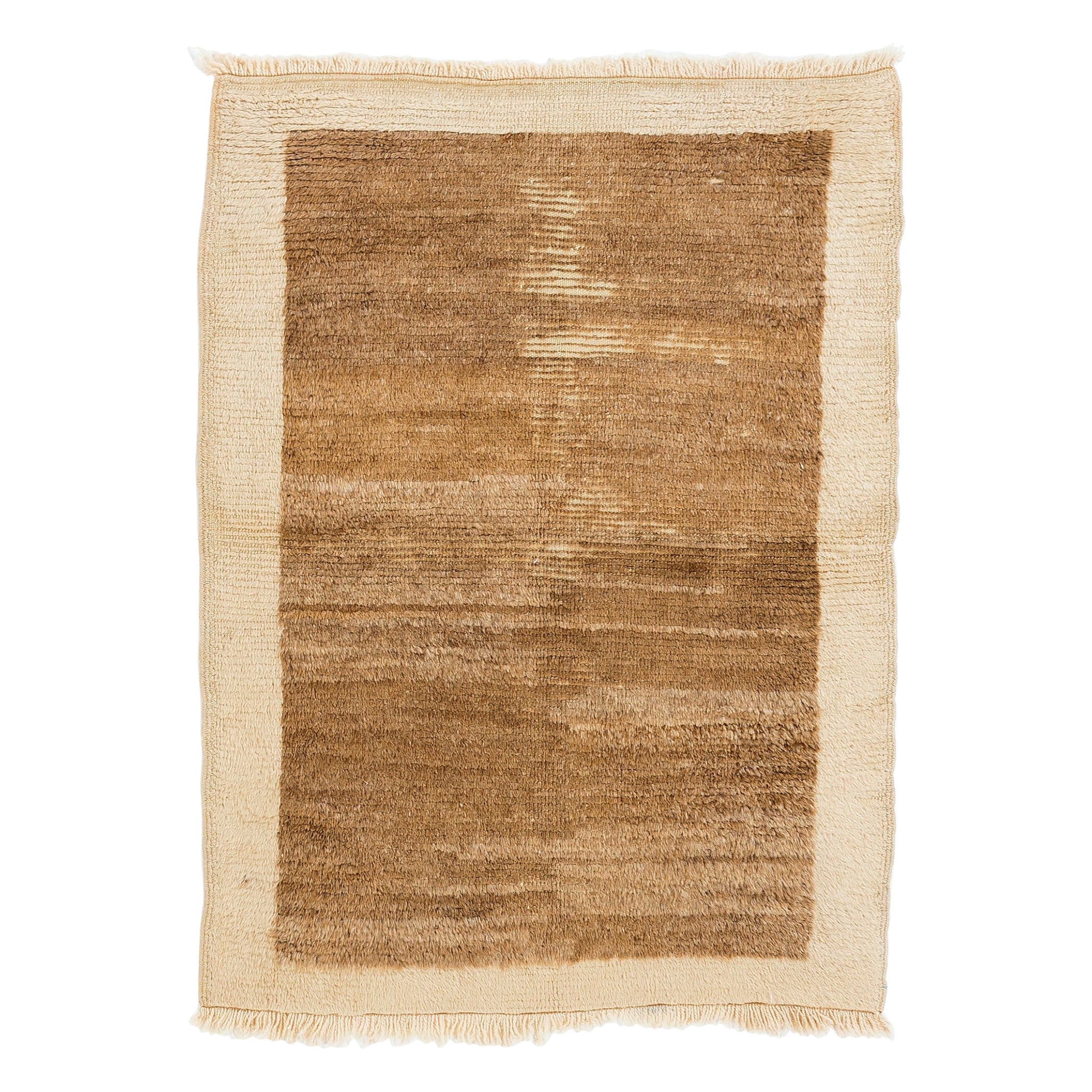 3x4 Ft Minimalist Mid-Century Handmade Tulu Rug, All Natural Beige & Brown Wool For Sale