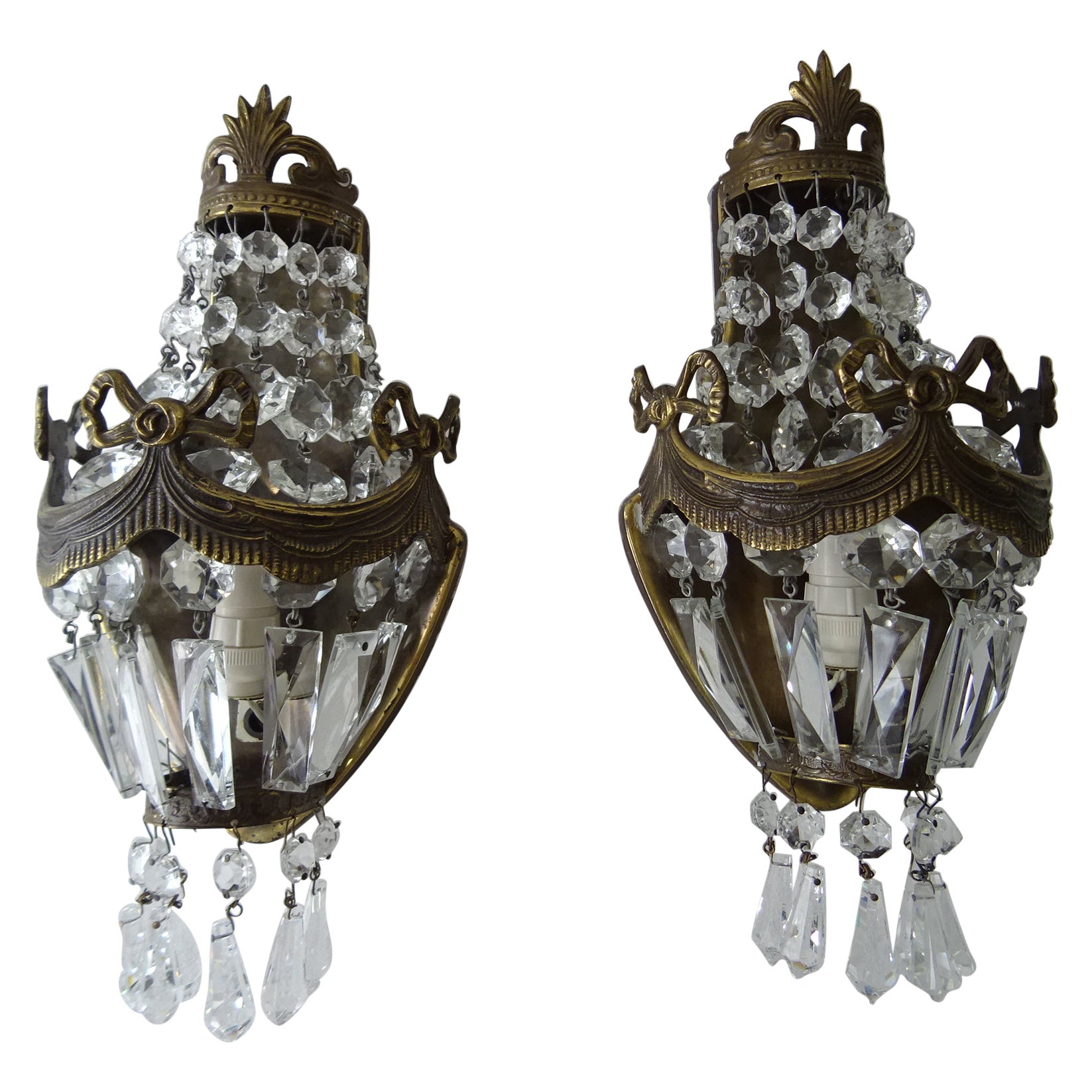 French Bronze Bows Crystal Prisms Empire Sconces, circa 1930 For Sale