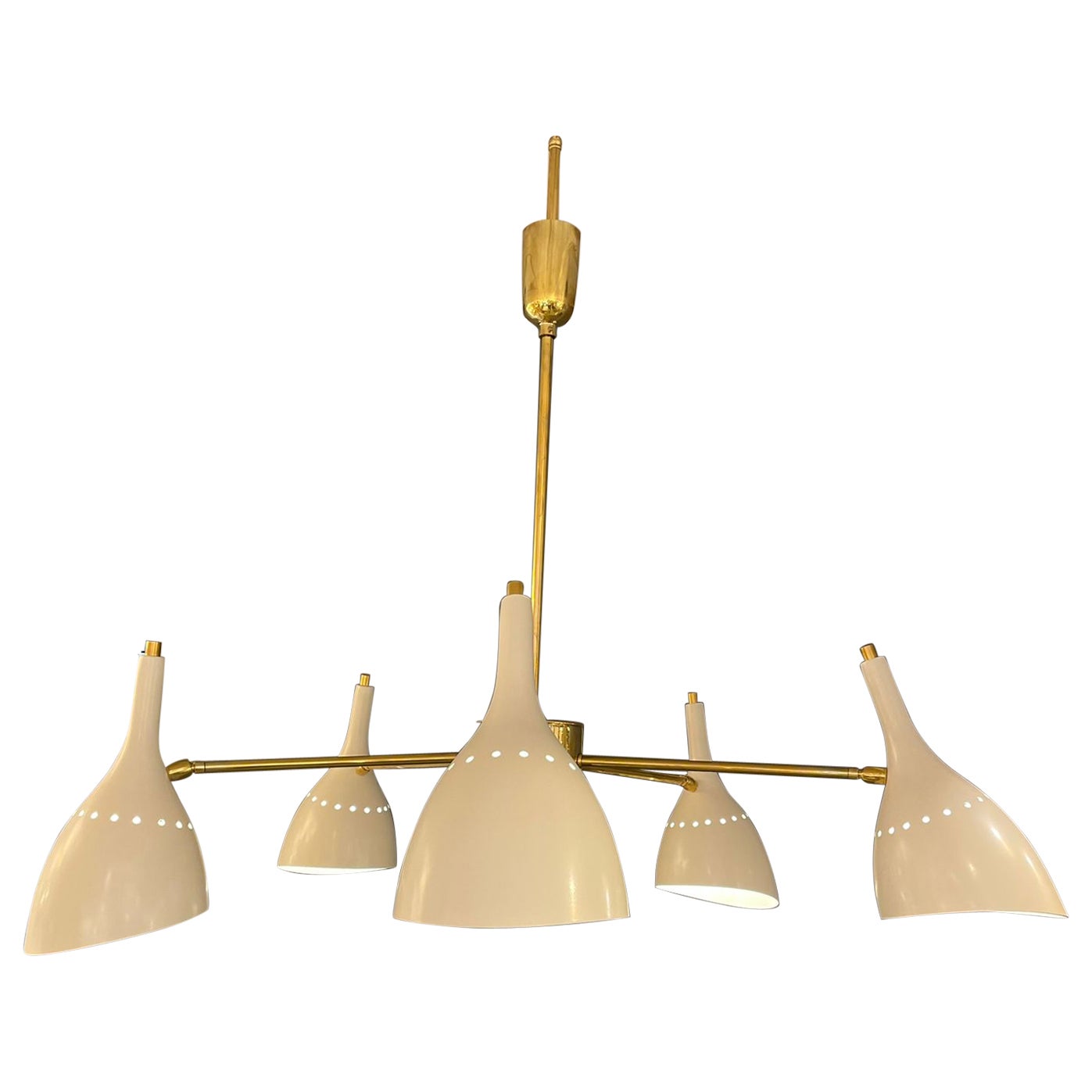 Italian Chandelier in Brass with 5 Arms and Ivory Shades, circa 1970 For Sale