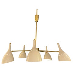 Vintage Italian Chandelier in Brass with 5 Arms and Ivory Shades, circa 1970
