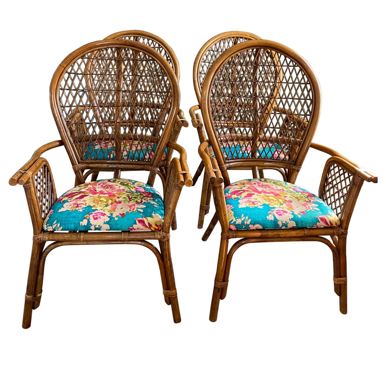 Set of Four Bamboo/Rattan Hollywood Regency Peacock Dining Armchairs For Sale