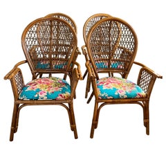 Set of Four Bamboo/Rattan Hollywood Regency Peacock Dining Armchairs