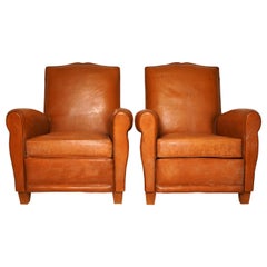 C. 1940 Pair of French Leather Art Deco Club Chairs