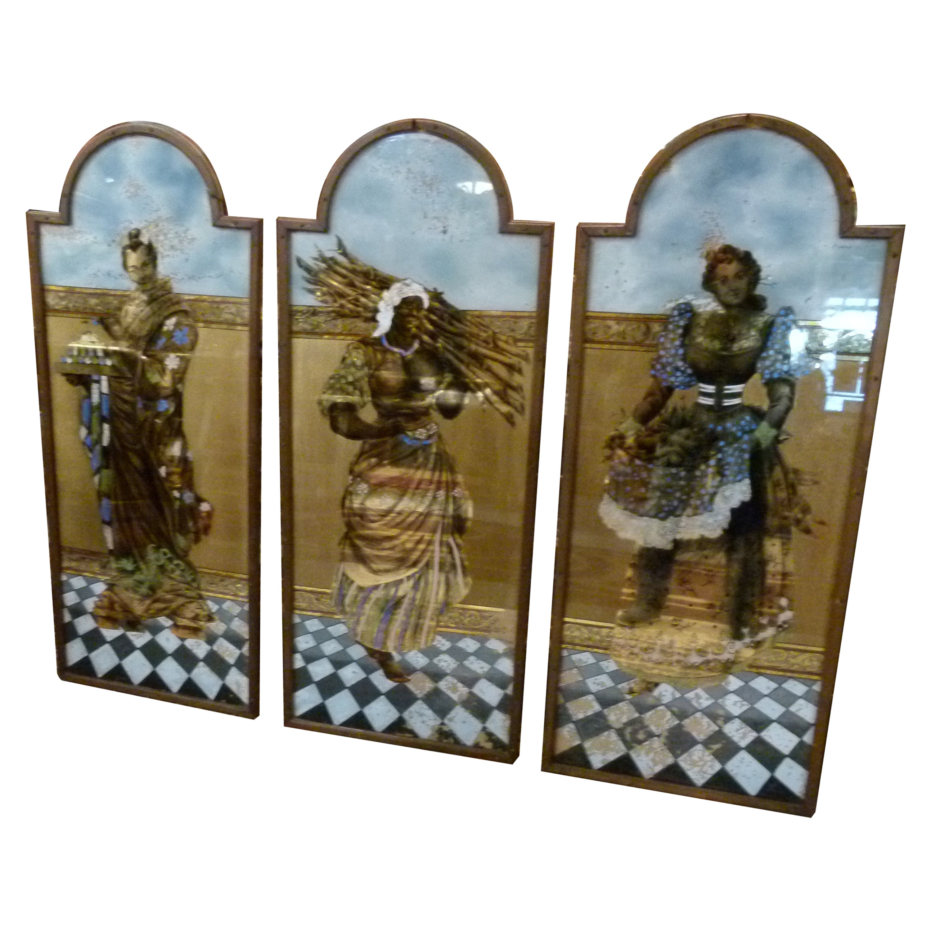 Late XIX Century Set of Three Painted Mirrors That Belonged to a Pastry Shop