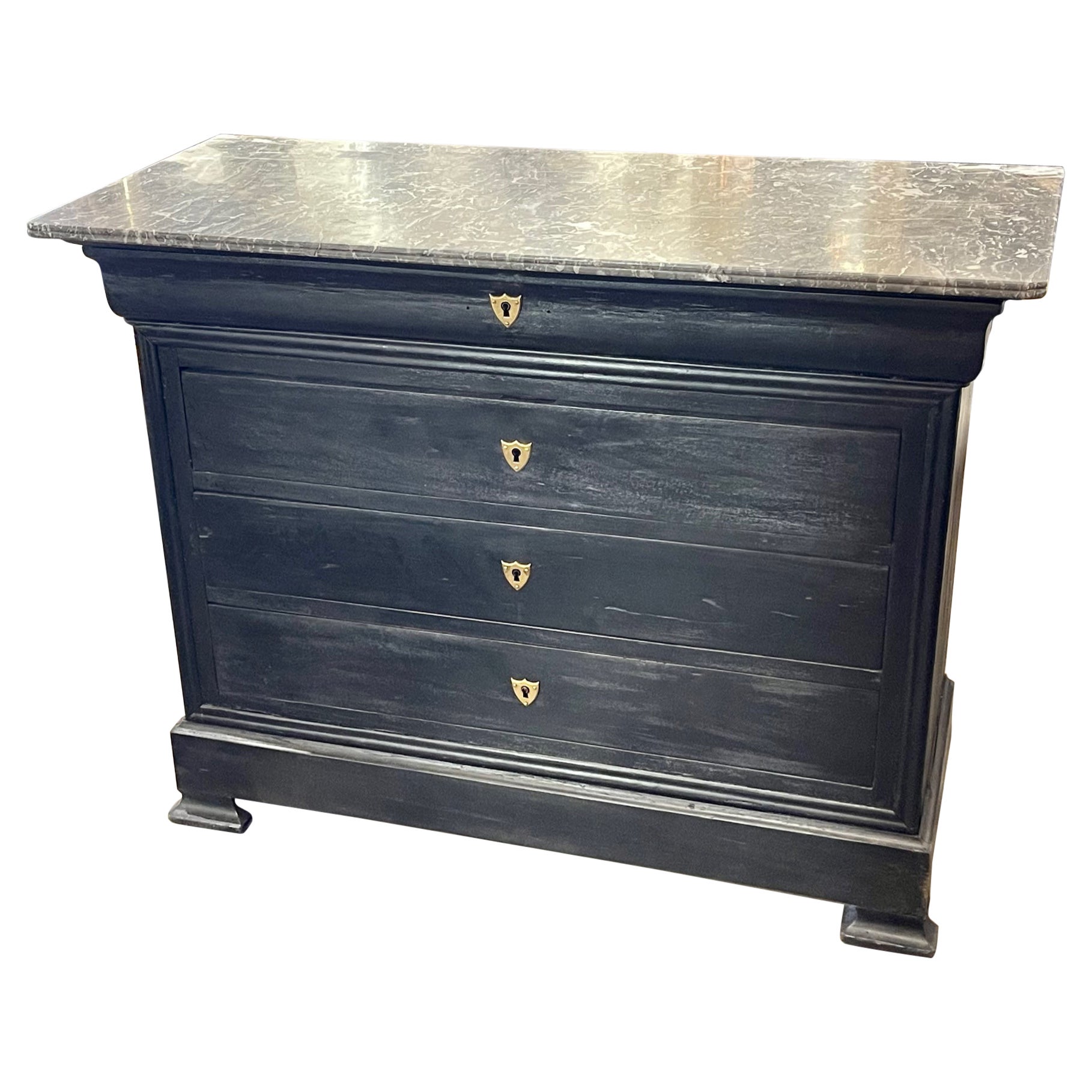 19th Century French Louis Philippe Ebonized Chest with Grey Marble Top For Sale