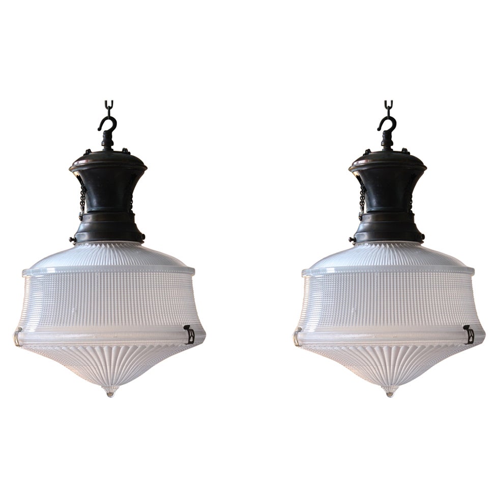 Circa 1920 Pair of Art Deco Holophane Prismatic & Bronze Pendants Lanterns Light