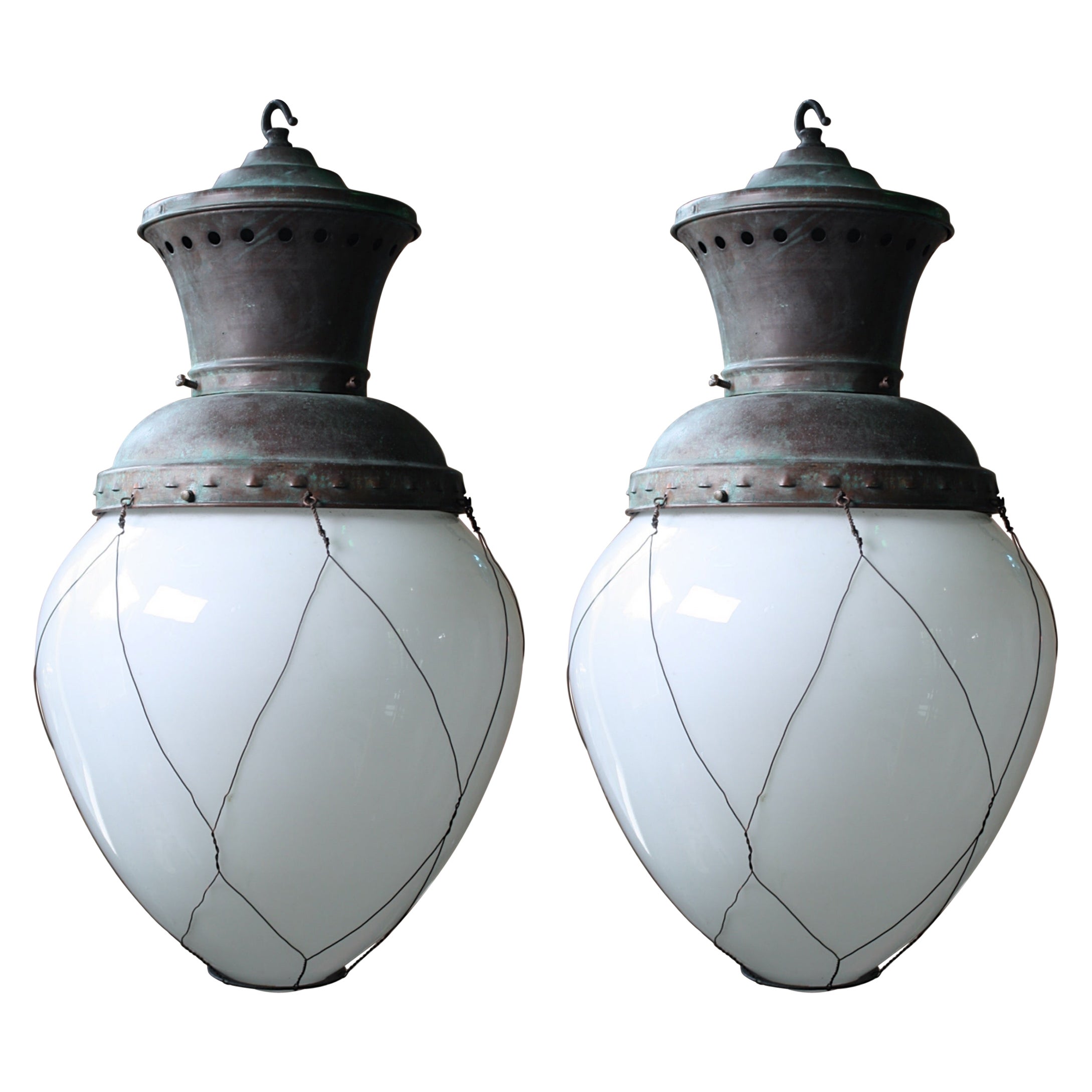 Late 19th Century Pair of Opaline Glass & Copper Lanterns Pendants Lights 