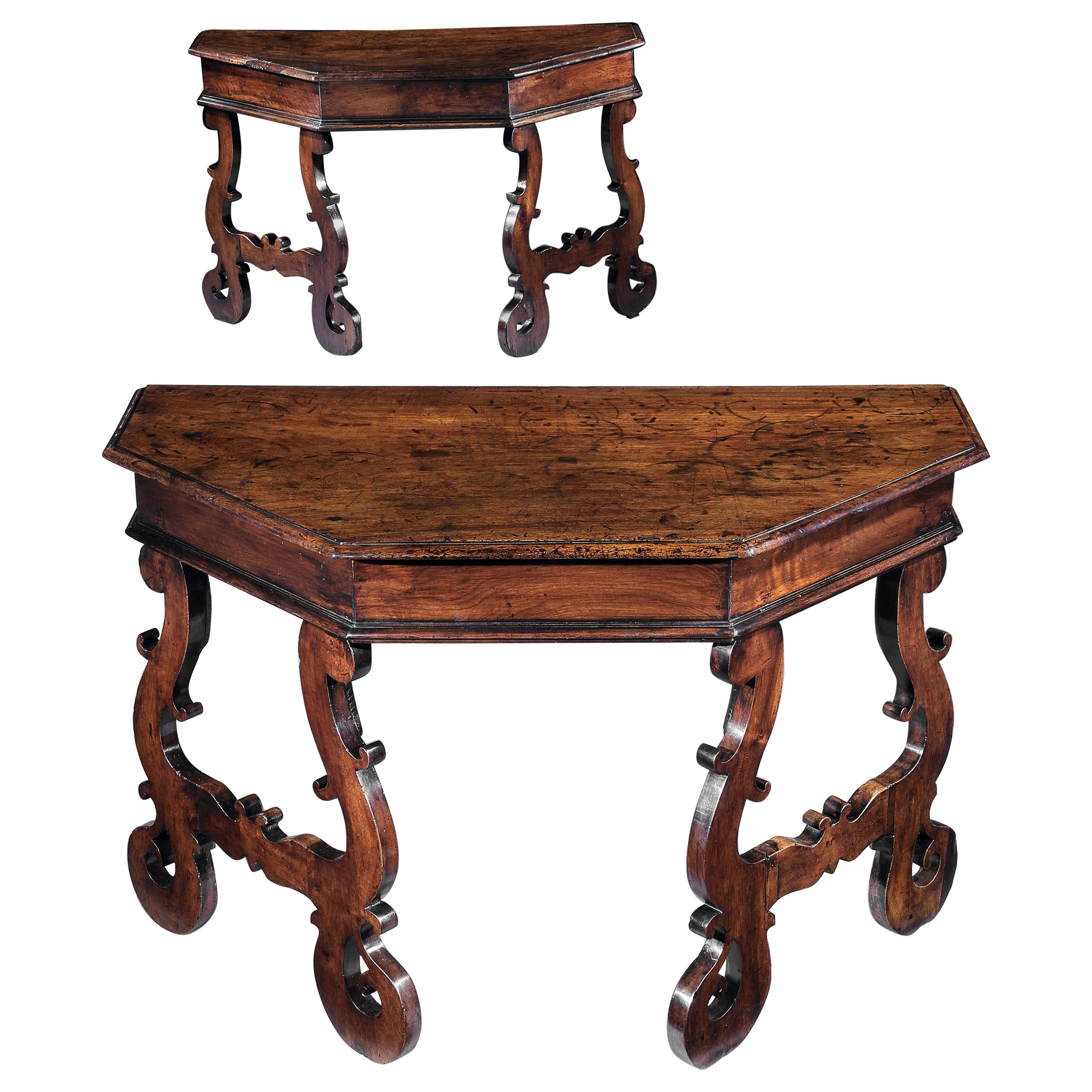 Tables Pair Console Centre Umbria Italy Walnut Lyre Trestle Scantonata Octagonal For Sale