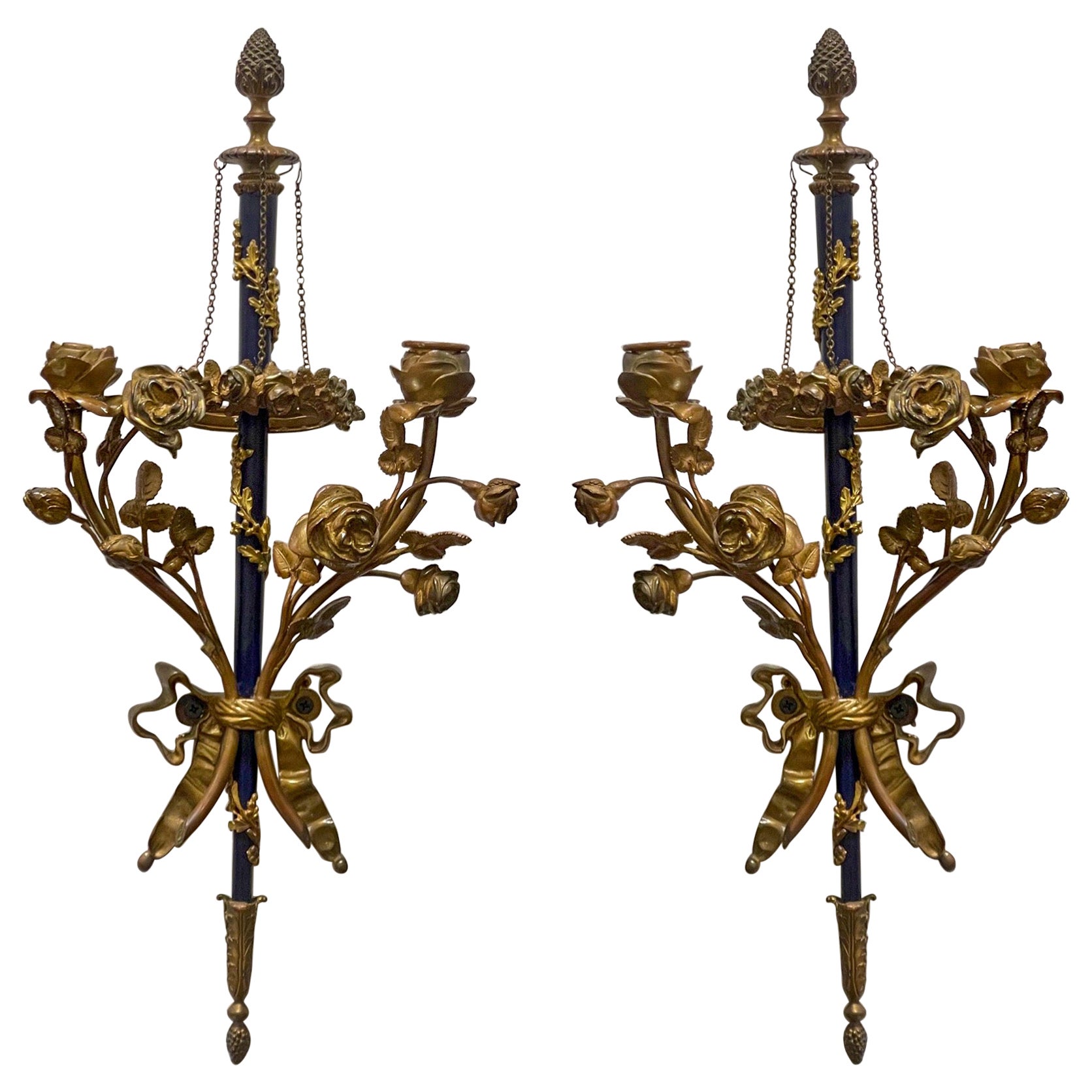 19th-C. French Neo-Classical Gilt Bronze and Lapis Sconces, Pair