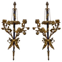 19th-C. French Neo-Classical Gilt Bronze and Lapis Sconces, Pair