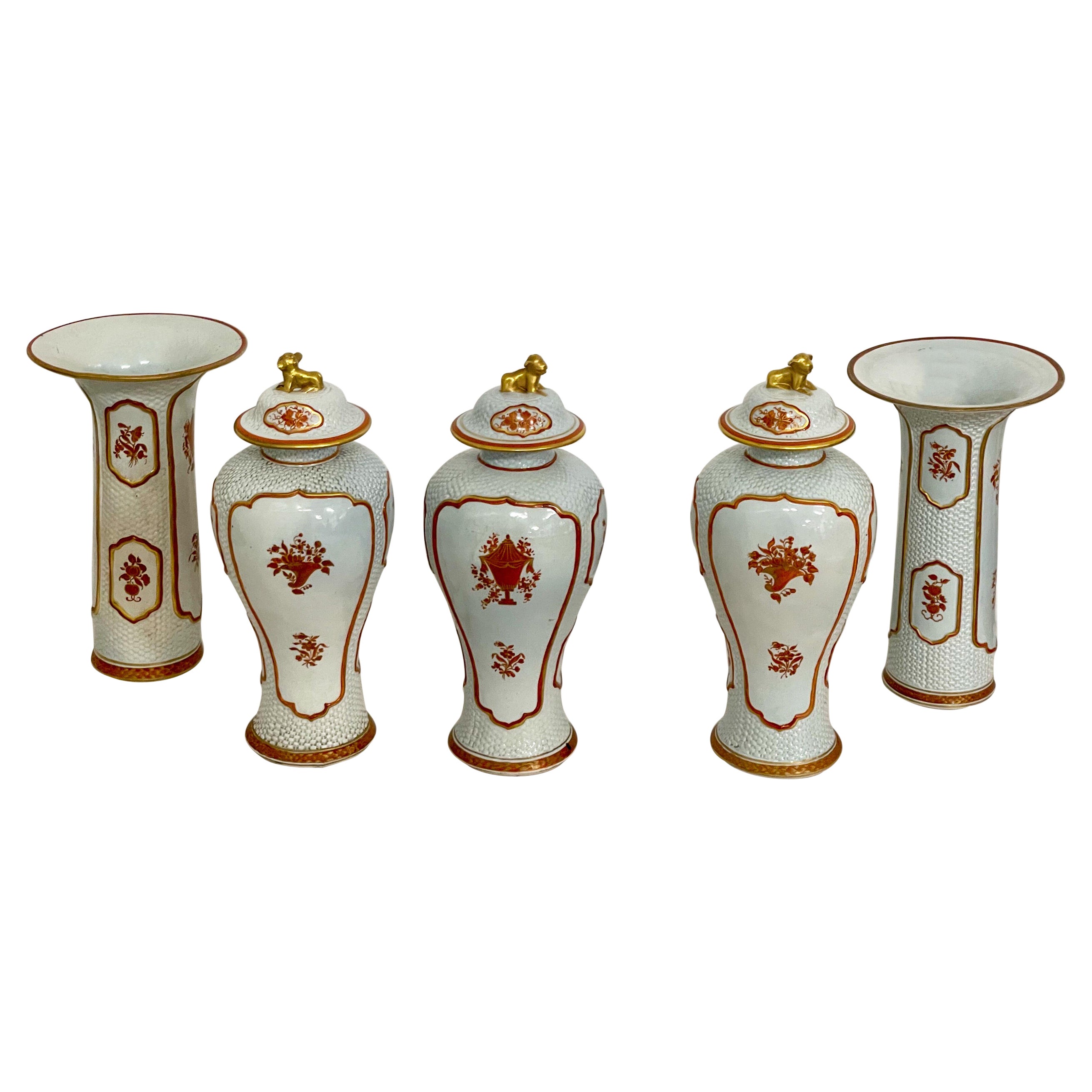 Armorial Garniture Set with Vases and Foo Dog Ginger Jars by Mottahedeh, S/5