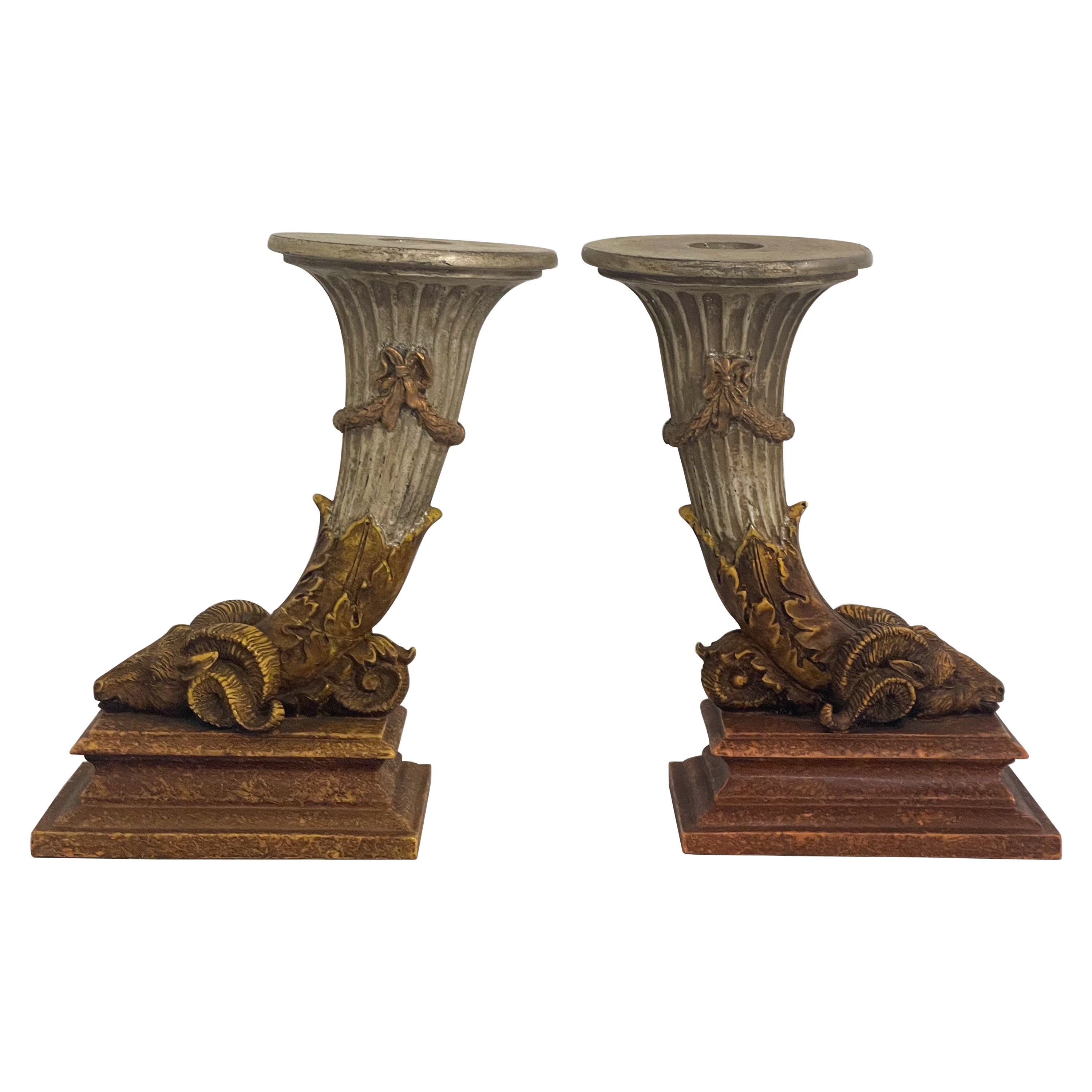 1970s Neo-Classical Style Italian Ram Form Candlesticks, Pair For Sale