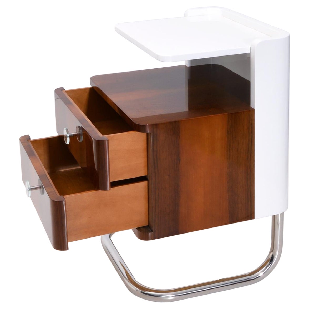Modern Contemporary Bespoke Nightstand, High Gloss Lacquered Wood, Tubular Steel For Sale