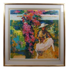1970s Nicola Simbari Woman with Flowers Impressionist Serigraph Print