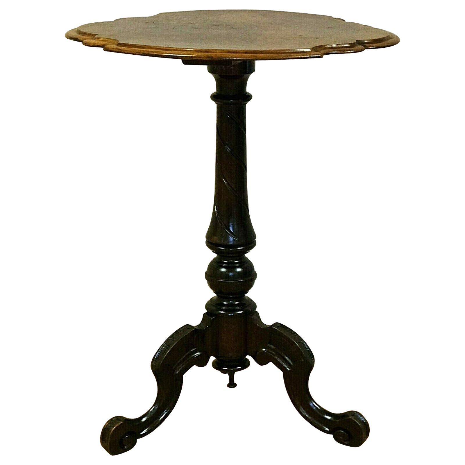 Victorian circa 1860 Burr Walnut Tripod Side End Table with Scalloped Edge