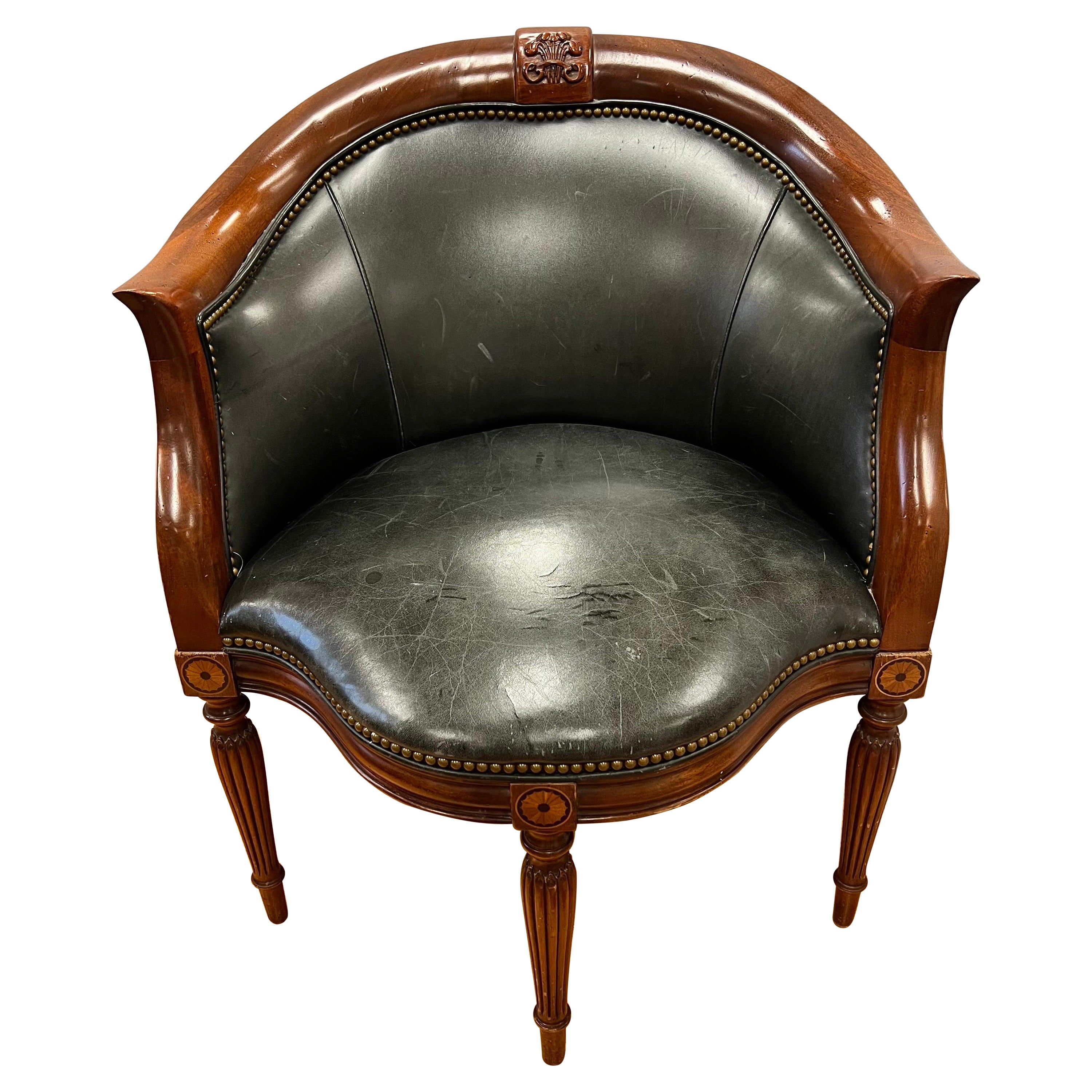 Antique Black Leather Mahogany Inlay Corner Chair