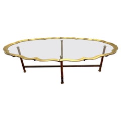 Midcentury Modern Large Brass and Glass Scalloped Tray Top Coffee Cocktail Table