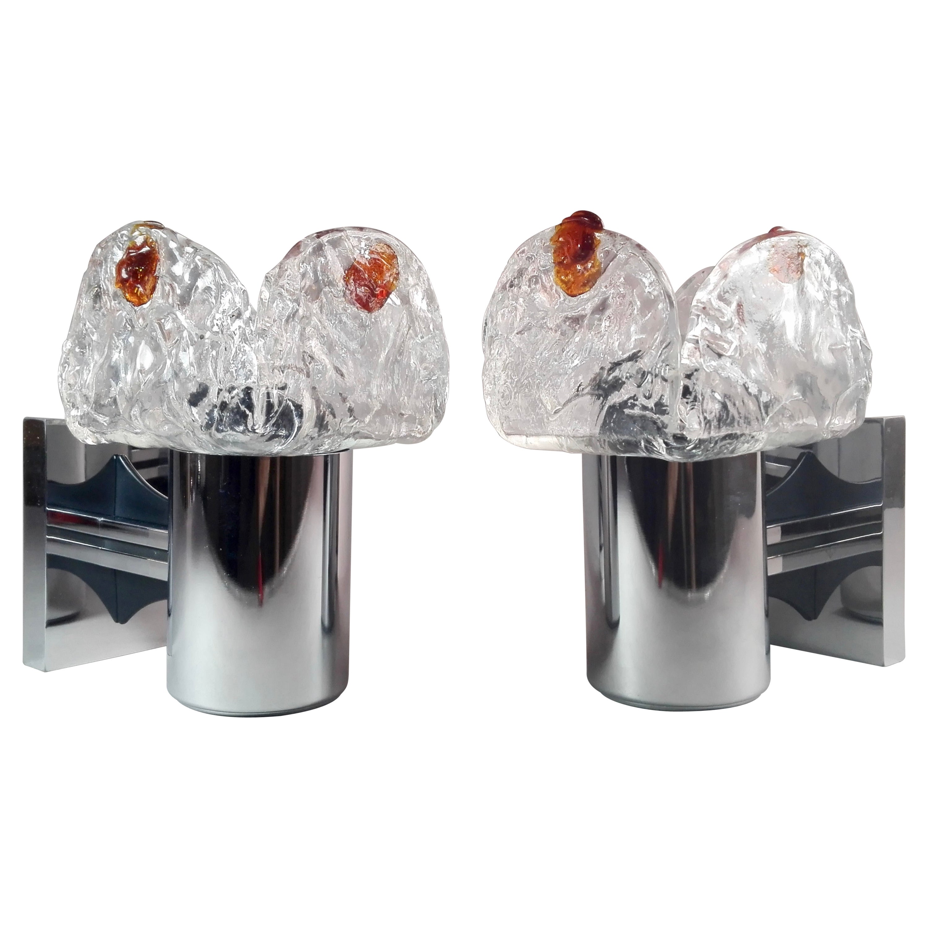 Carlo Nason Style Pair of Murano 1960s Glass and Chrome Sconces 