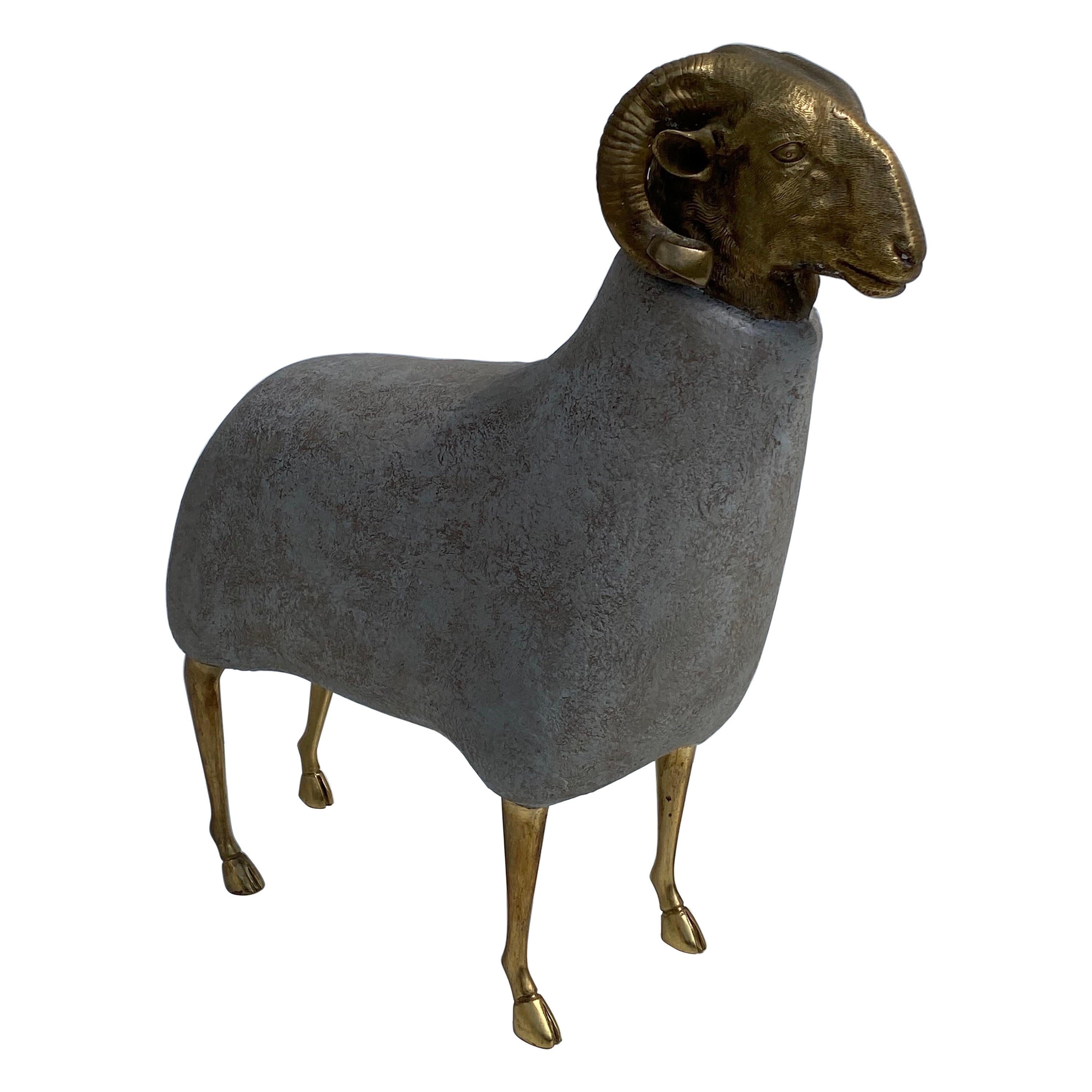 Brass Sheep Sculpture in Faux Concrete For Sale