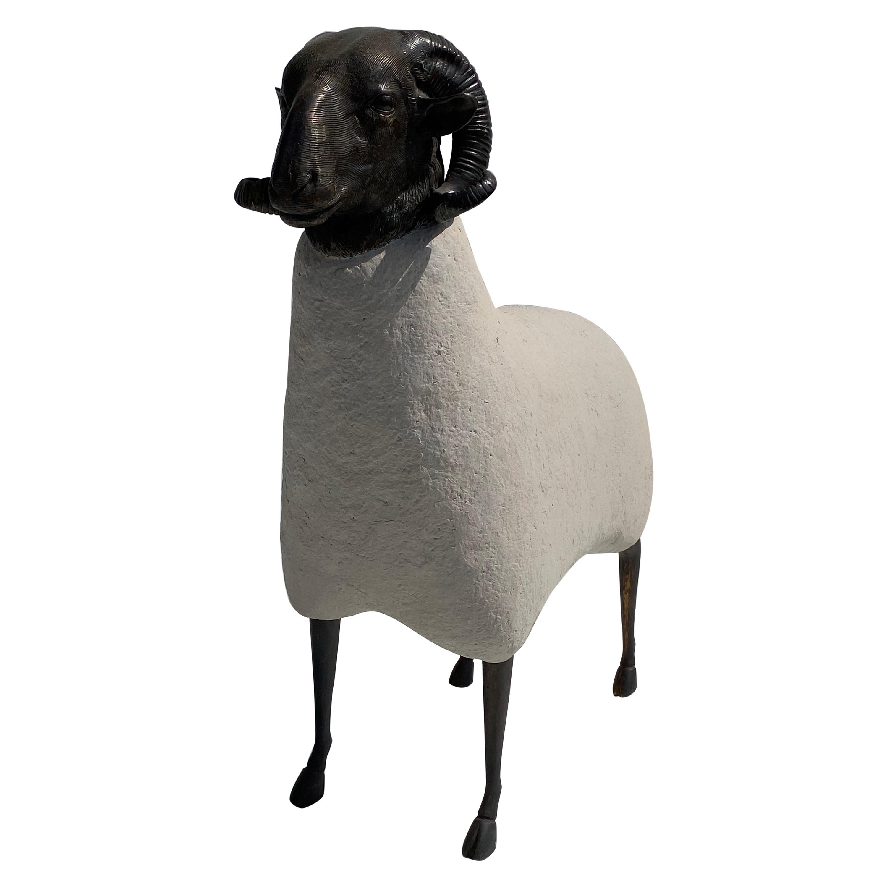 Patinated Brass Sheep / Ram Sculpture in Faux Concrete For Sale