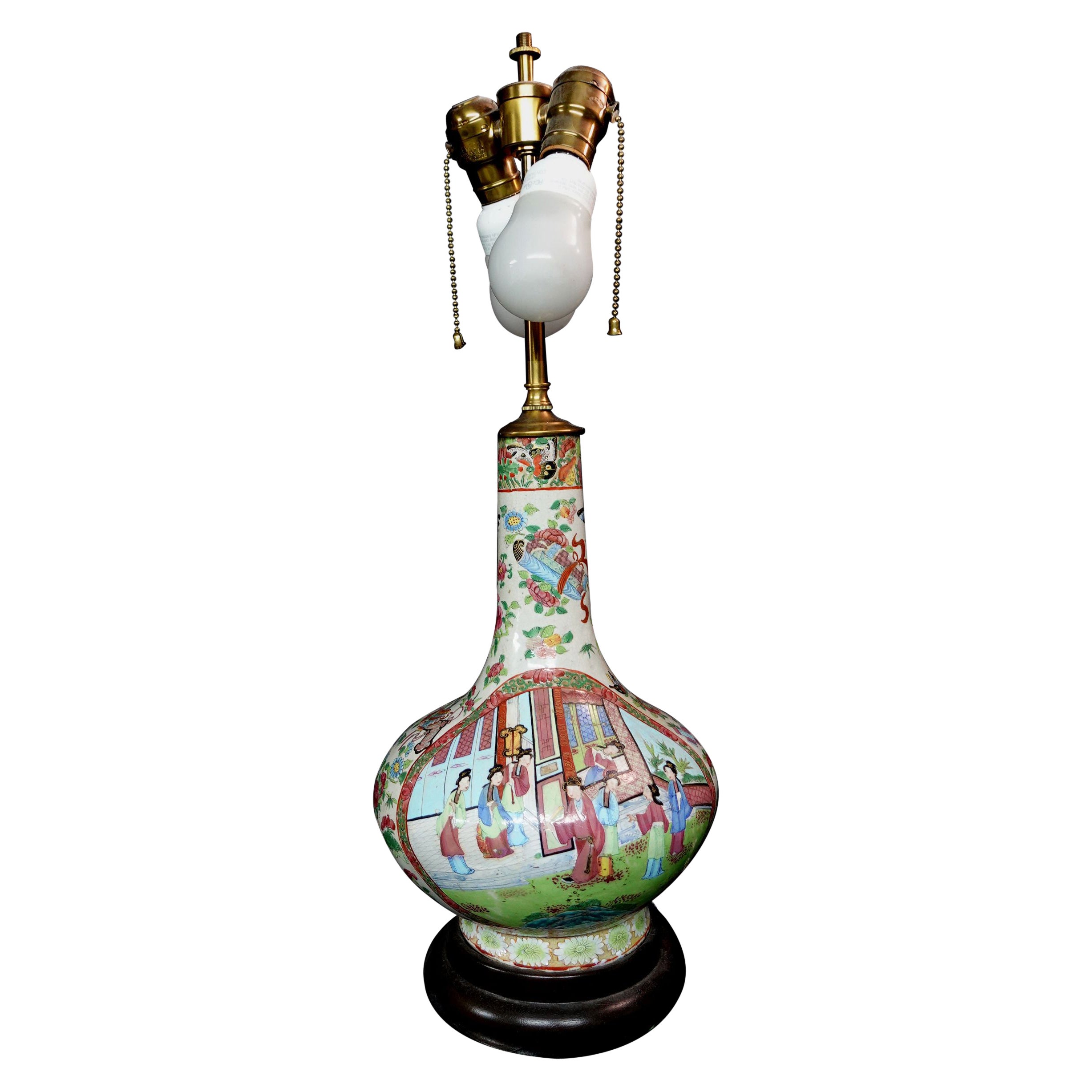 Famille Rose Export Porcelain Water Bottle Lamp Early 19th Century For Sale