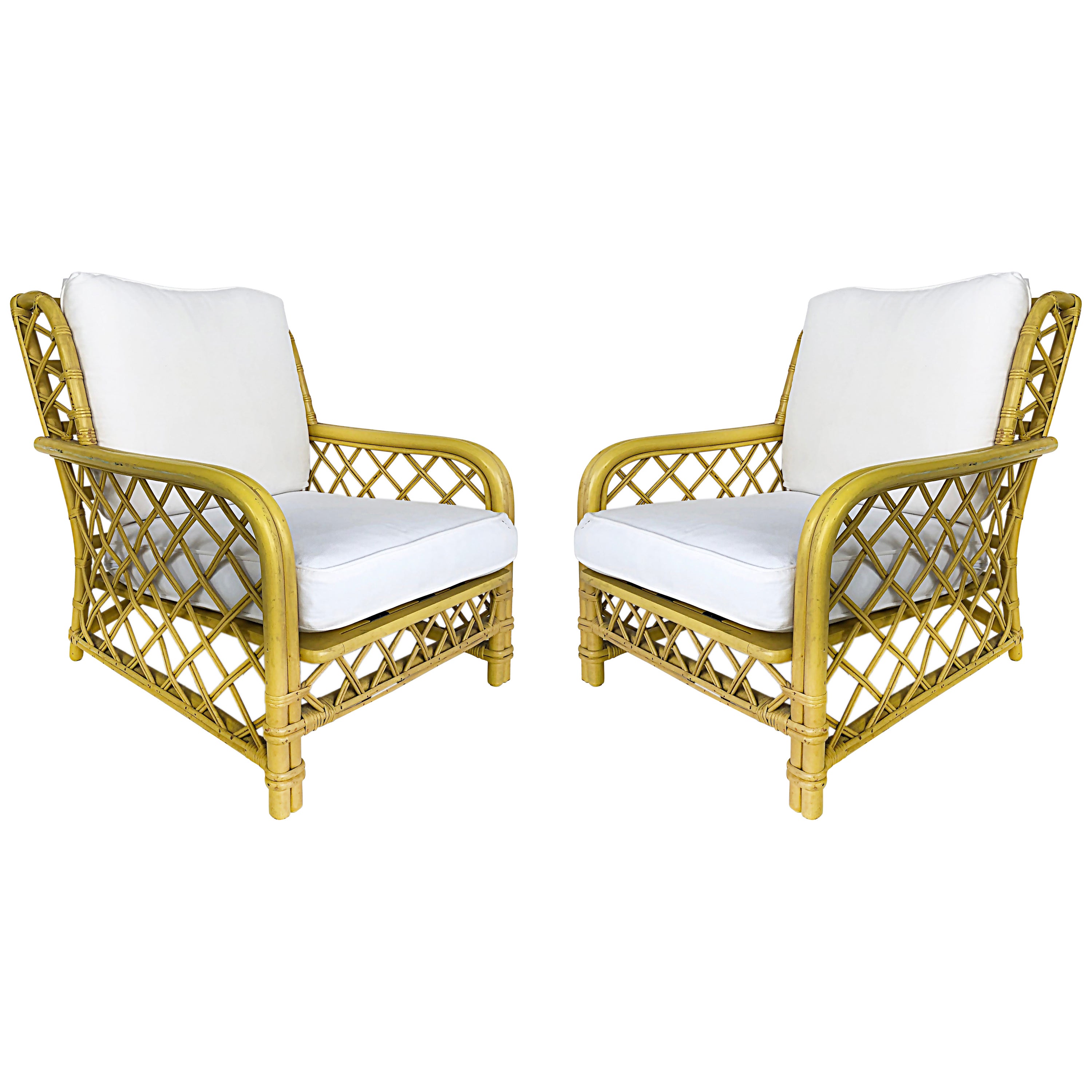 Ficks Reed Bent / Woven Rattan Upholstered Lounge Chairs, Pair