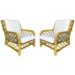 Ficks Reed Bent / Woven Rattan Upholstered Lounge Chairs, Pair