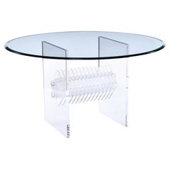 Clear Lucite Acrylic Pedestal Dining Table with Round Glass and Prism Center