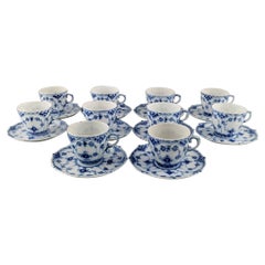 10 Royal Copenhagen Blue Fluted Full Lace coffee cups with saucers.