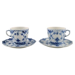 Two Royal Copenhagen Blue Fluted Full Lace Coffee Cups with Saucers