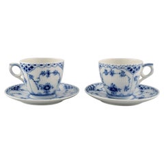 Two Royal Copenhagen Blue Fluted Half Lace Coffee Cups with Saucers