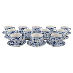 12 Royal Copenhagen Blue Fluted Half Lace Coffee Cups with Saucers
