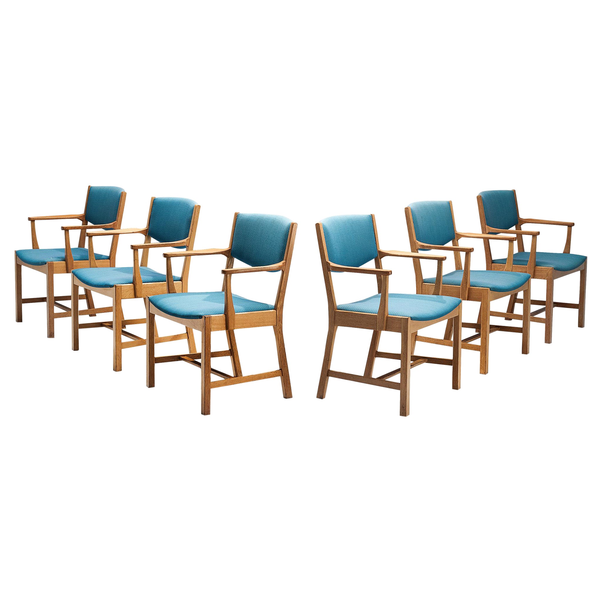 Set of Six Danish Armchairs in Oak and Light Blue Upholstery For Sale