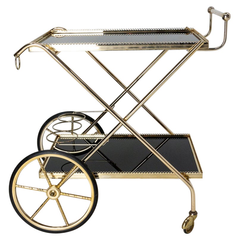 Bar Cart Drinks Cocktail Wood, Brass and Glass Table Foldable Trolley, 1977