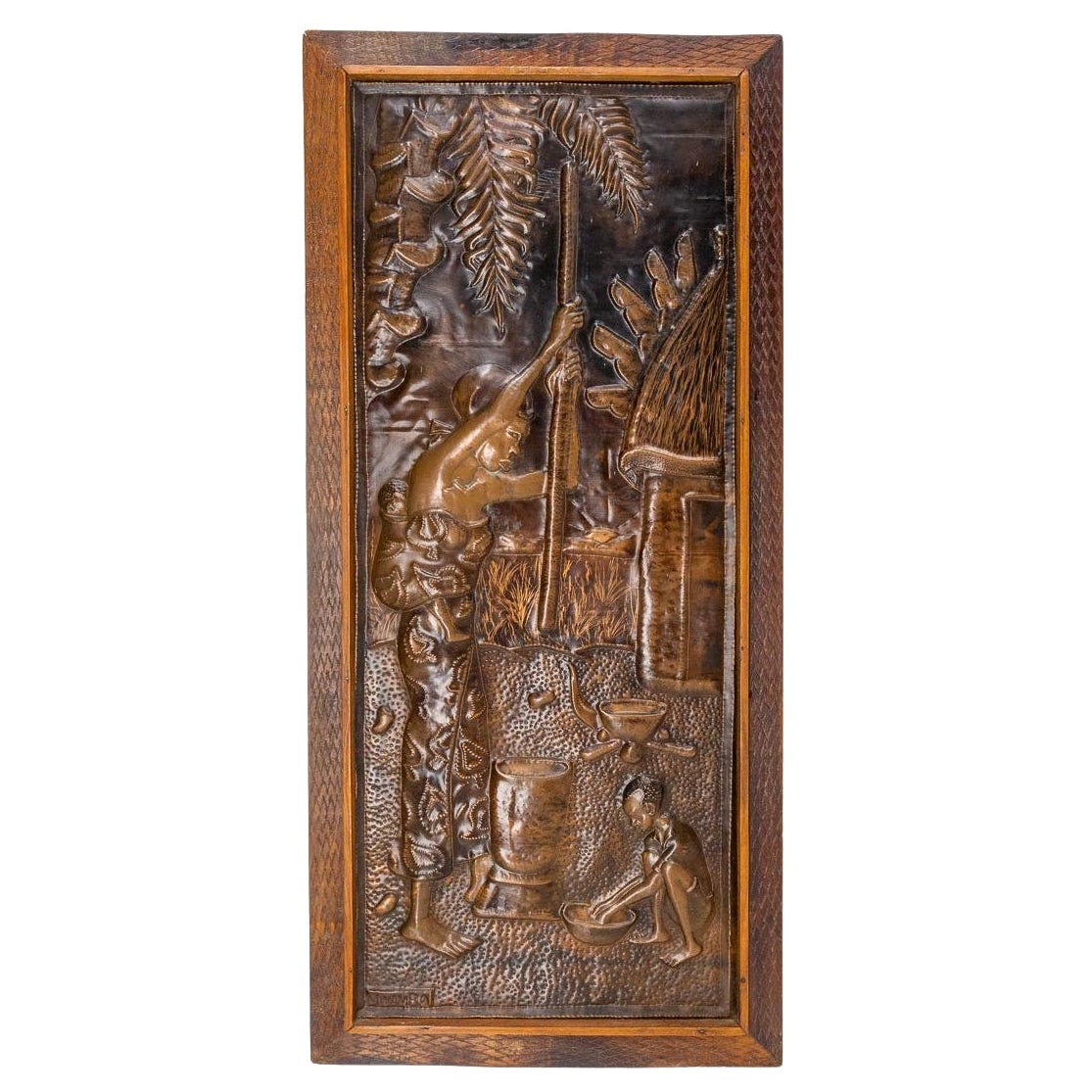 Representation of an African Woman Embossed Copper and Iroko Frame For Sale