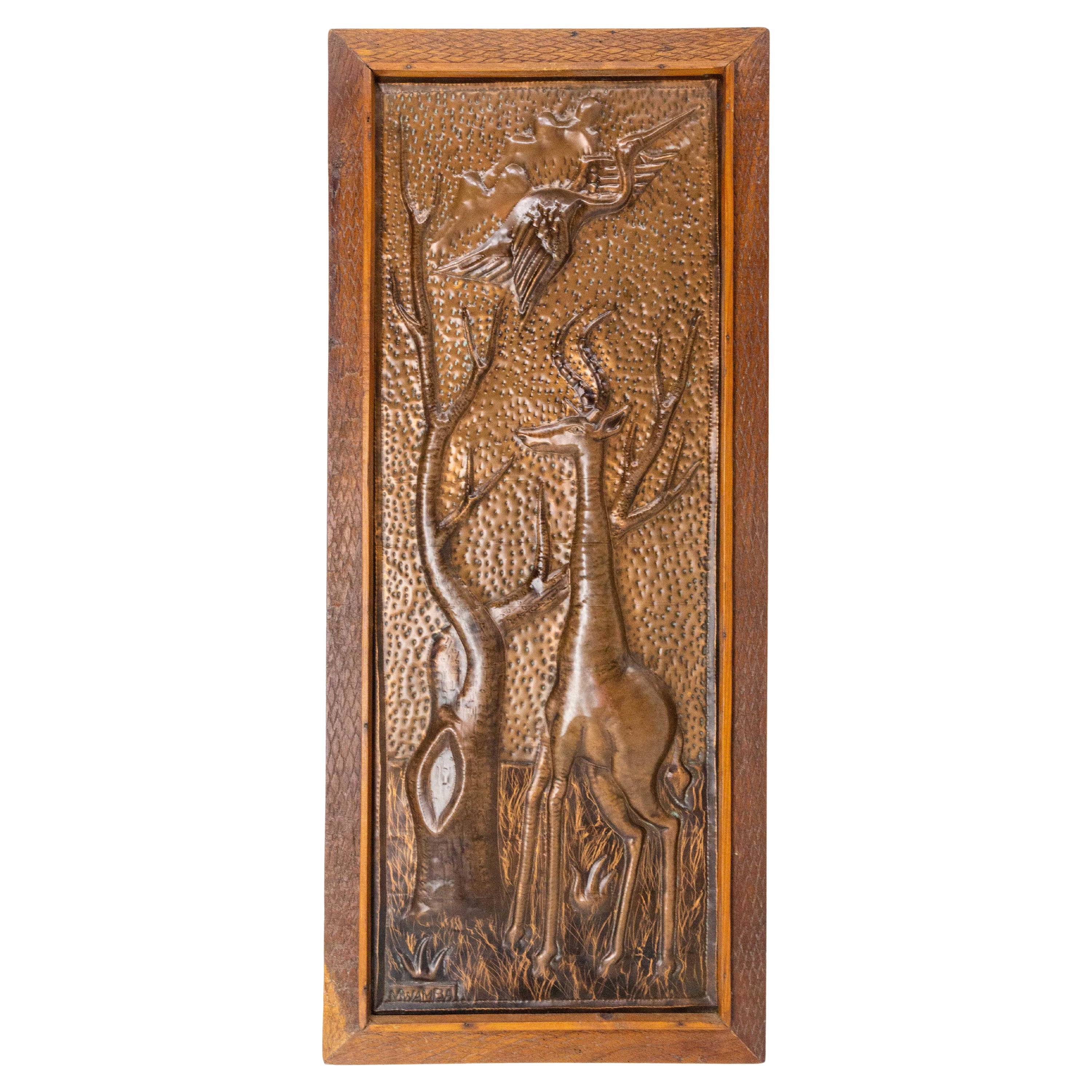 Representation of an African Giraffe Embossed Copper and Iroko Frame For Sale
