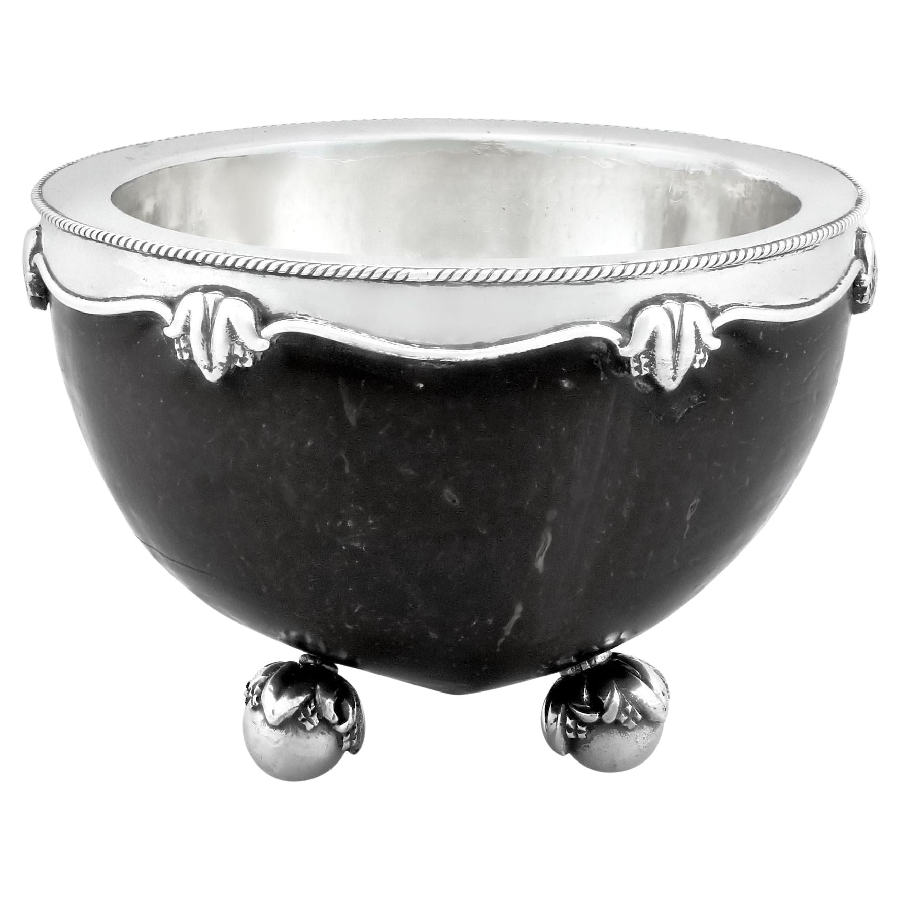 Antique Arts and Crafts Sterling Silver Mounted Coconut Bowl For Sale
