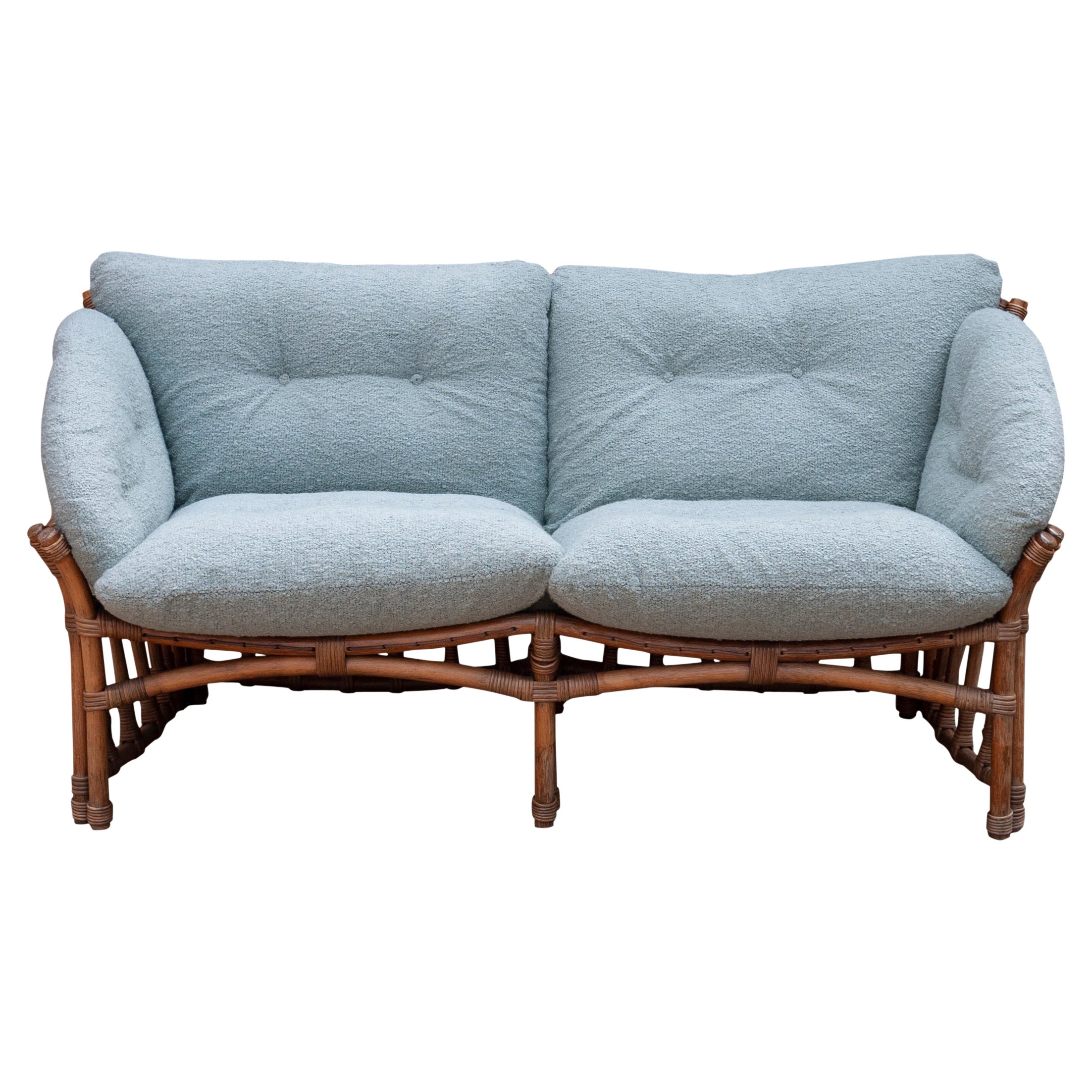 Vintage Bamboo and Rattan Sofa with Boucle Upholstery, 1970s