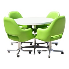 Mid-Century Modern Chrome Dining Set 4 Green Swivel Chair Round Table, 5 Pc Set