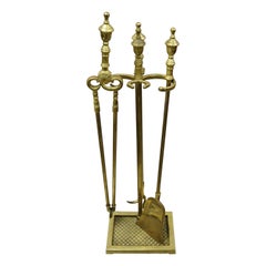 Vintage Solid Brass Federal Style Urn Finial Fireplace Tool Set and Stand