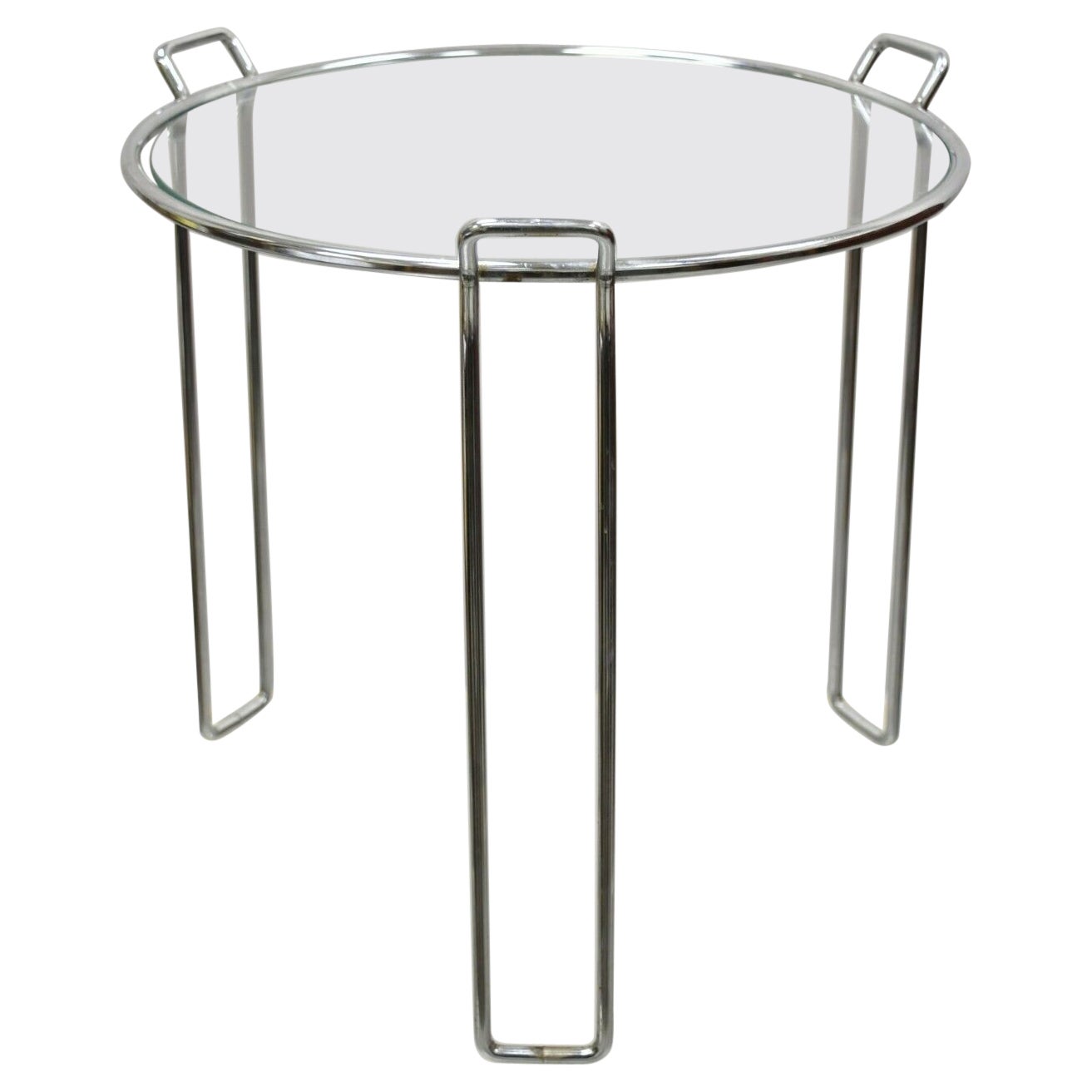 Vintage Mid-Century Modern Round Modernist Chrome Frame Glass Side Table