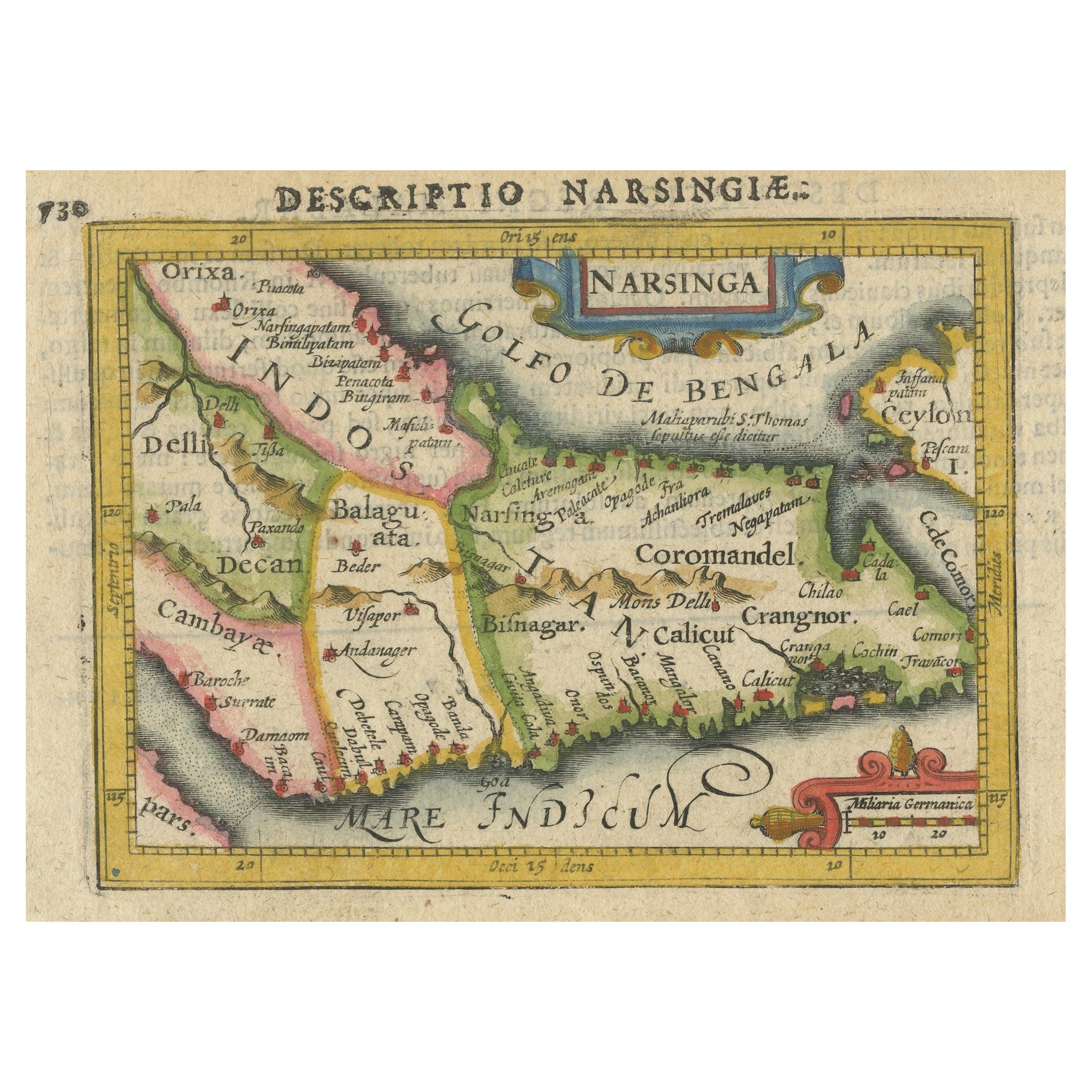 Miniatura colorata e decorativa dell'India, Ceylon di Bertius 1616