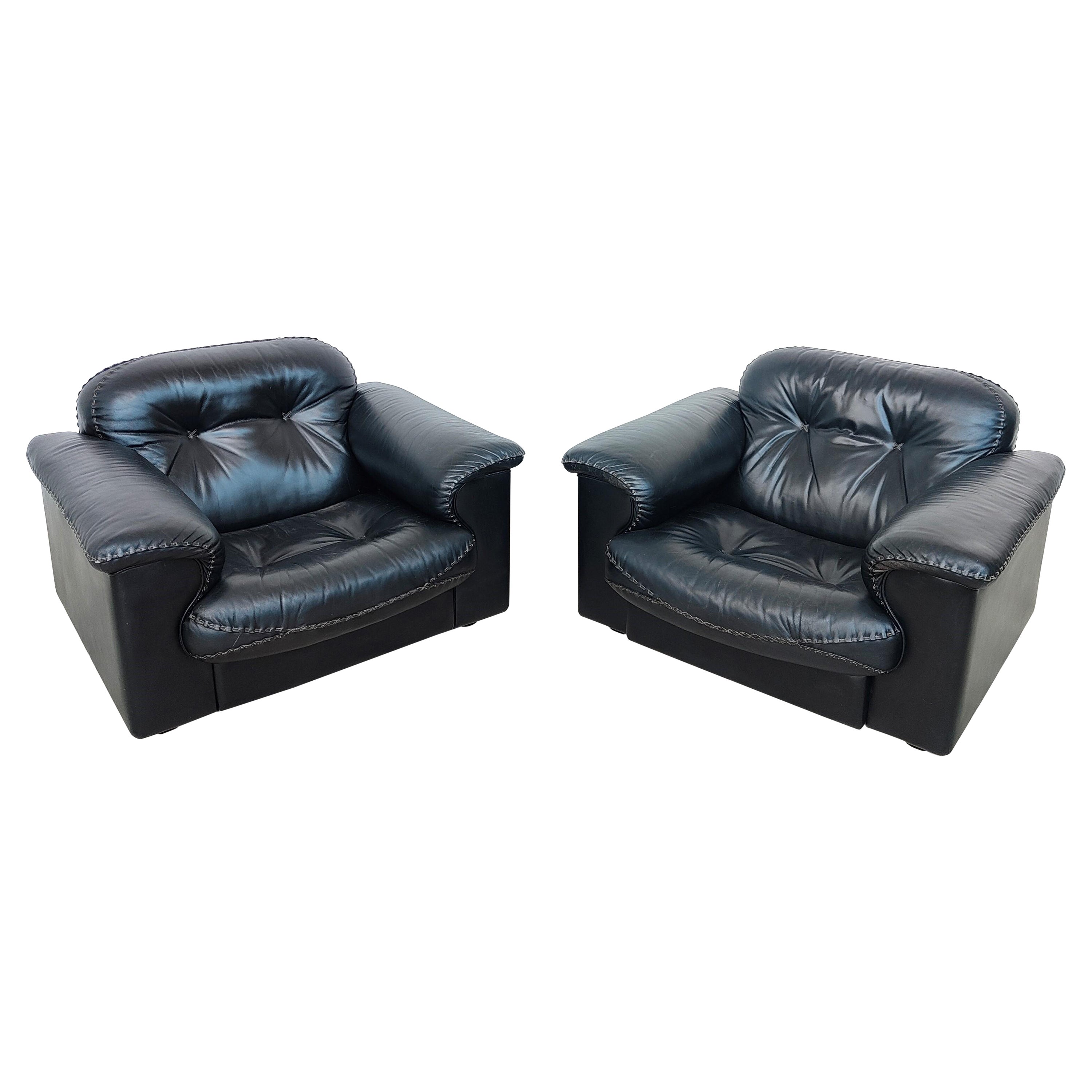 Pair of Adjustable De Sede Black Leather Armchairs DS-101 Model 70s