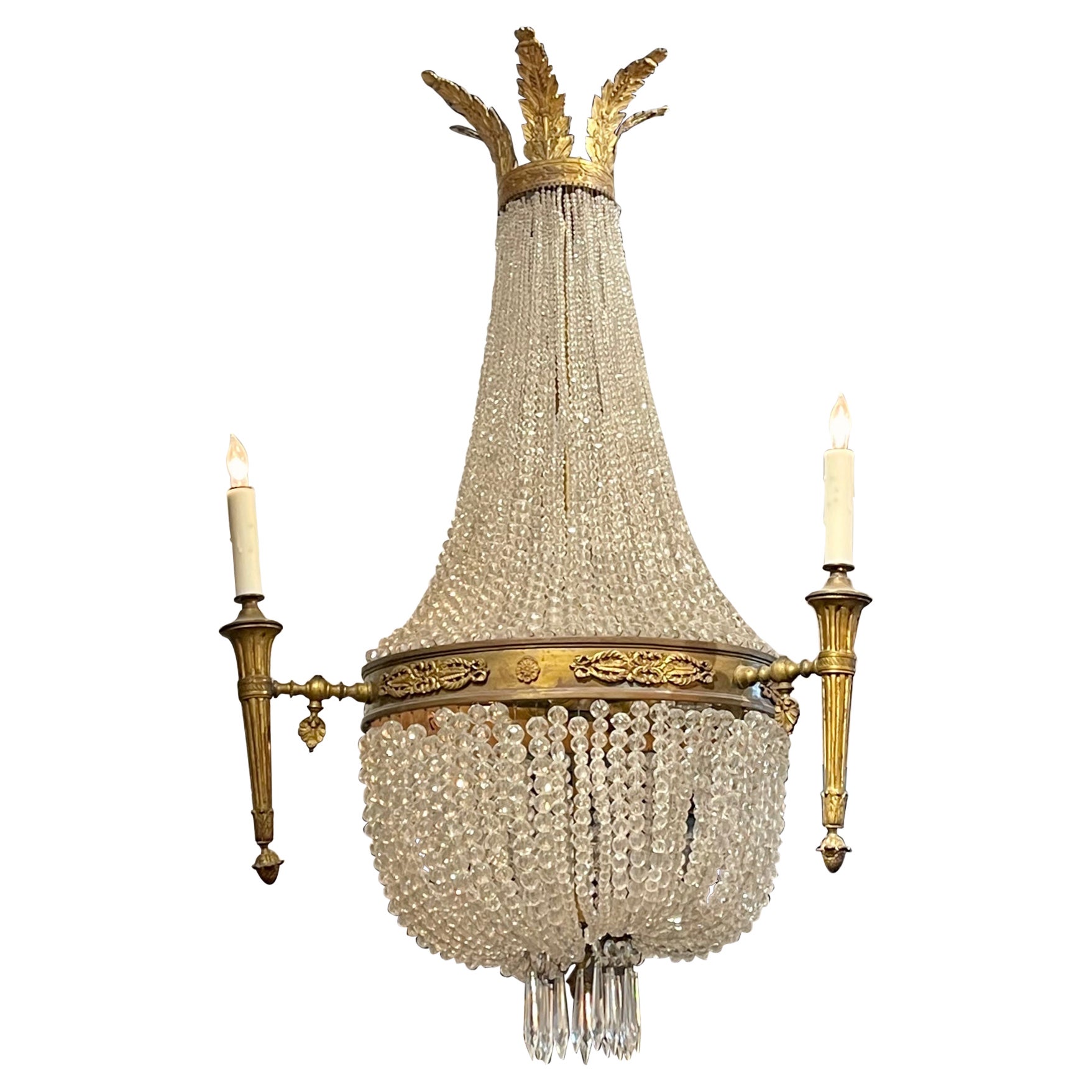 19th Century French Louis XVI Bronze and Crystal 6 Light Basket Chandelier For Sale