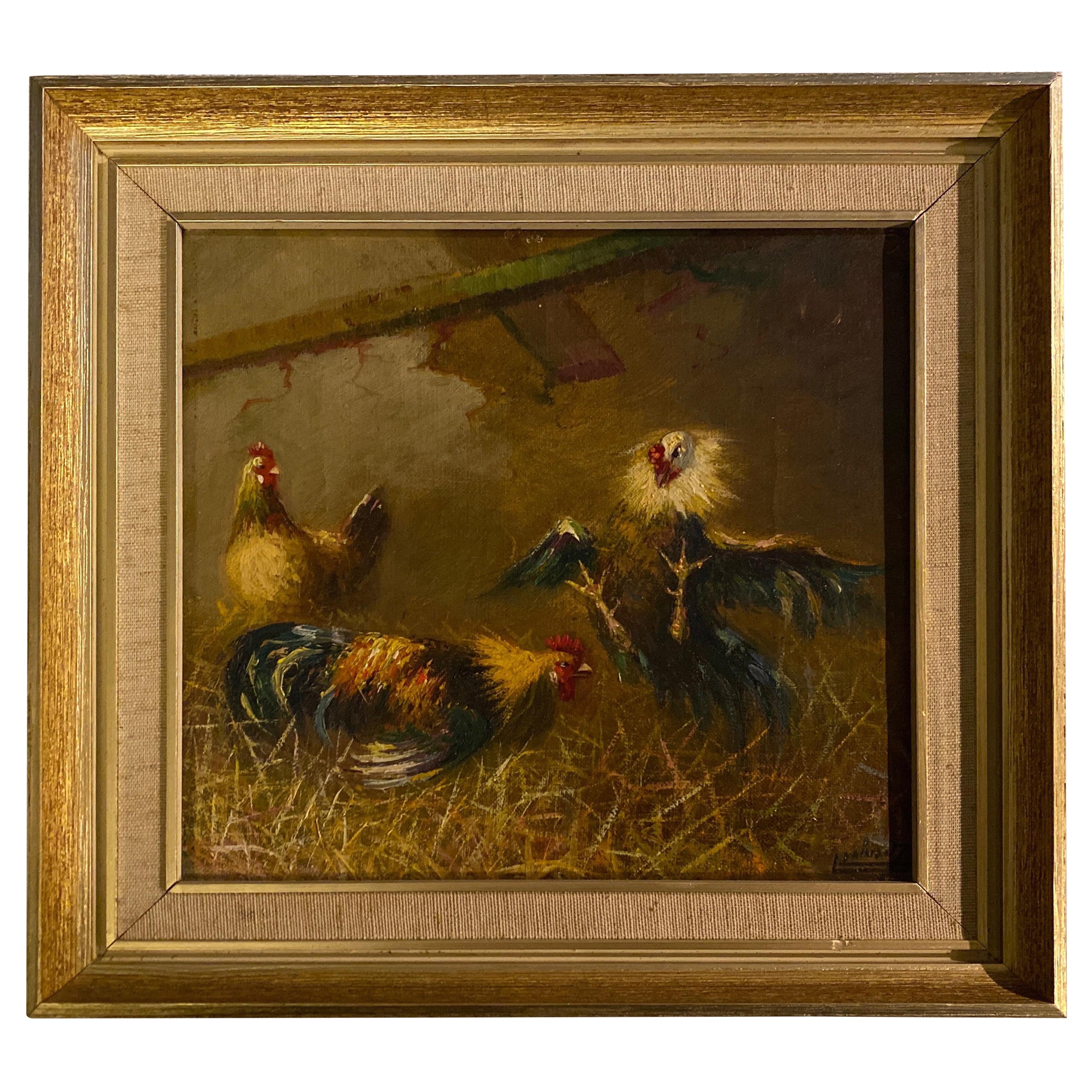 Peinture à l'huile originale sur toile de la fin du XIXe siècle représentant des coqs
